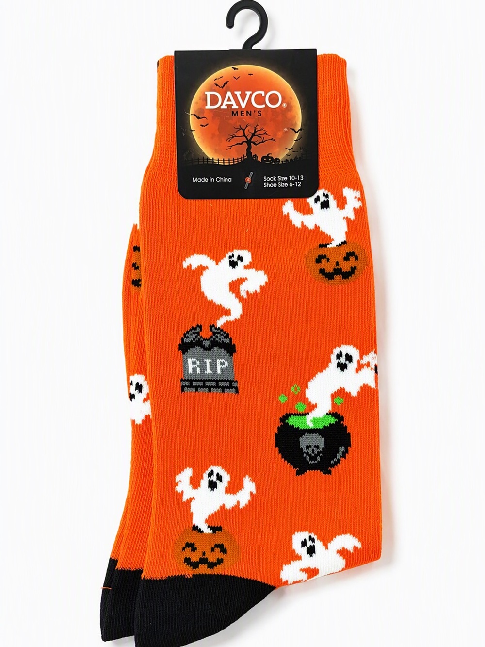 DAVCO Men's Halloween Socks Ghost Pumpkin RIP Cauldron Orange NWT 10-13
